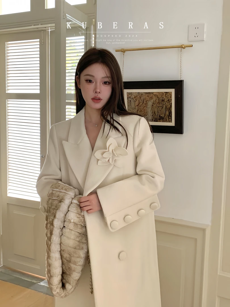 KUBERAS 90白鸭绒羽绒内胆加厚西装宽松中长过膝毛呢大衣呢子外套