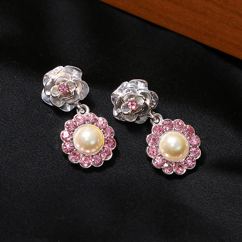 合金合成锆石耳饰 阿鱼vintage中古粉色水晶镶嵌花朵吊坠耳环