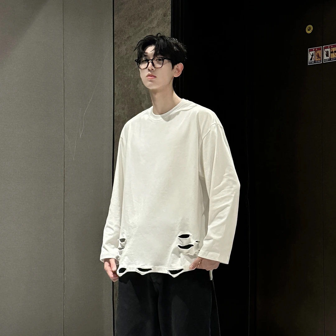 HN潮牌-秋季新款美式高街破洞打底衫T恤款式百搭内搭破坏风上衣