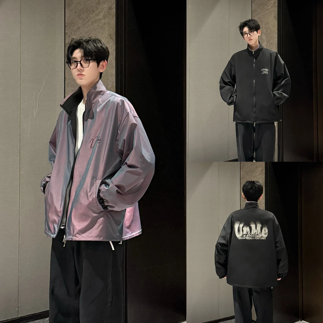 HN潮牌-【双面穿】炫彩秋季字母印花夹克外套情侣百搭宽松冲锋夹克