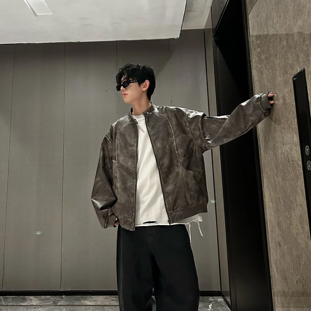 HN潮牌-美式高街复古立领PU皮夹克男春秋百搭宽松痞帅机车服上衣