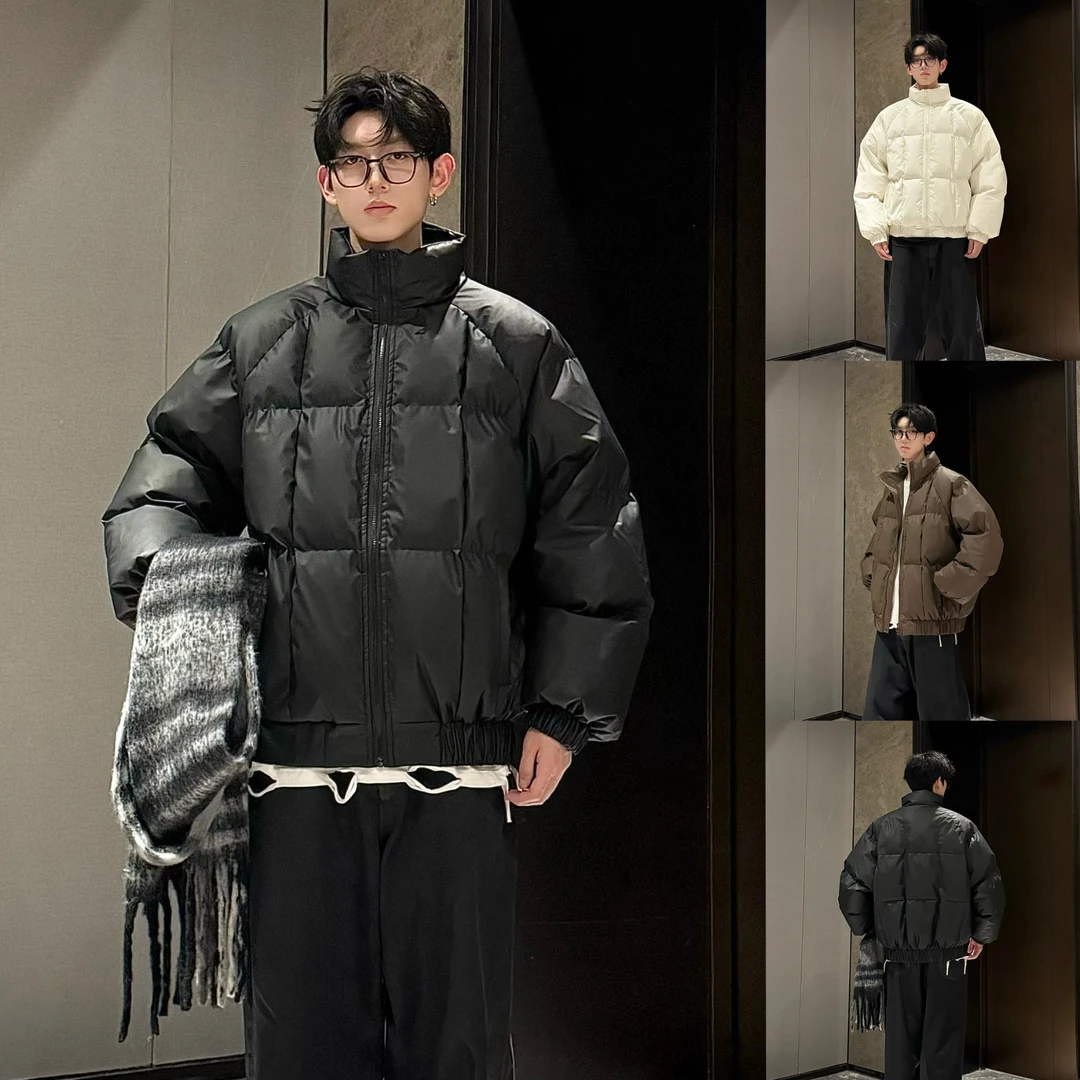 HN潮牌-吐司方格冬季pu皮蓬松保暖棉服情侣防水防污设计师款棉衣