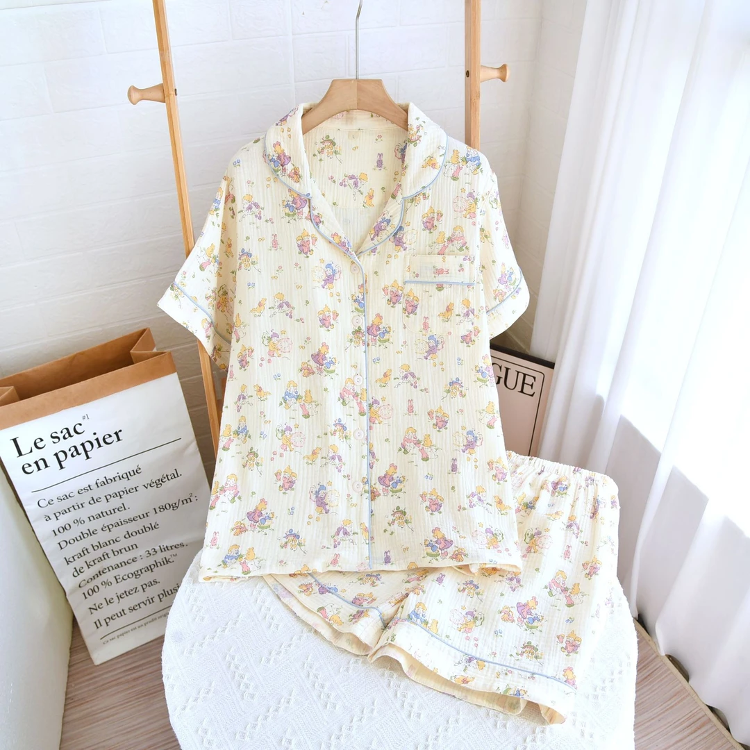 【女短袖短裤】春夏睡衣女士纯棉绉布家居服小精灵开衫式大码可外穿