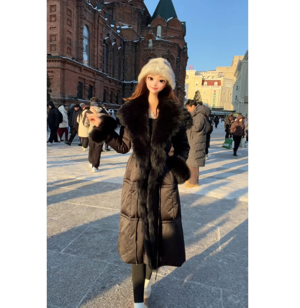 星星精选2024款长款修身保暖外套收腰过膝狐狸毛领20119