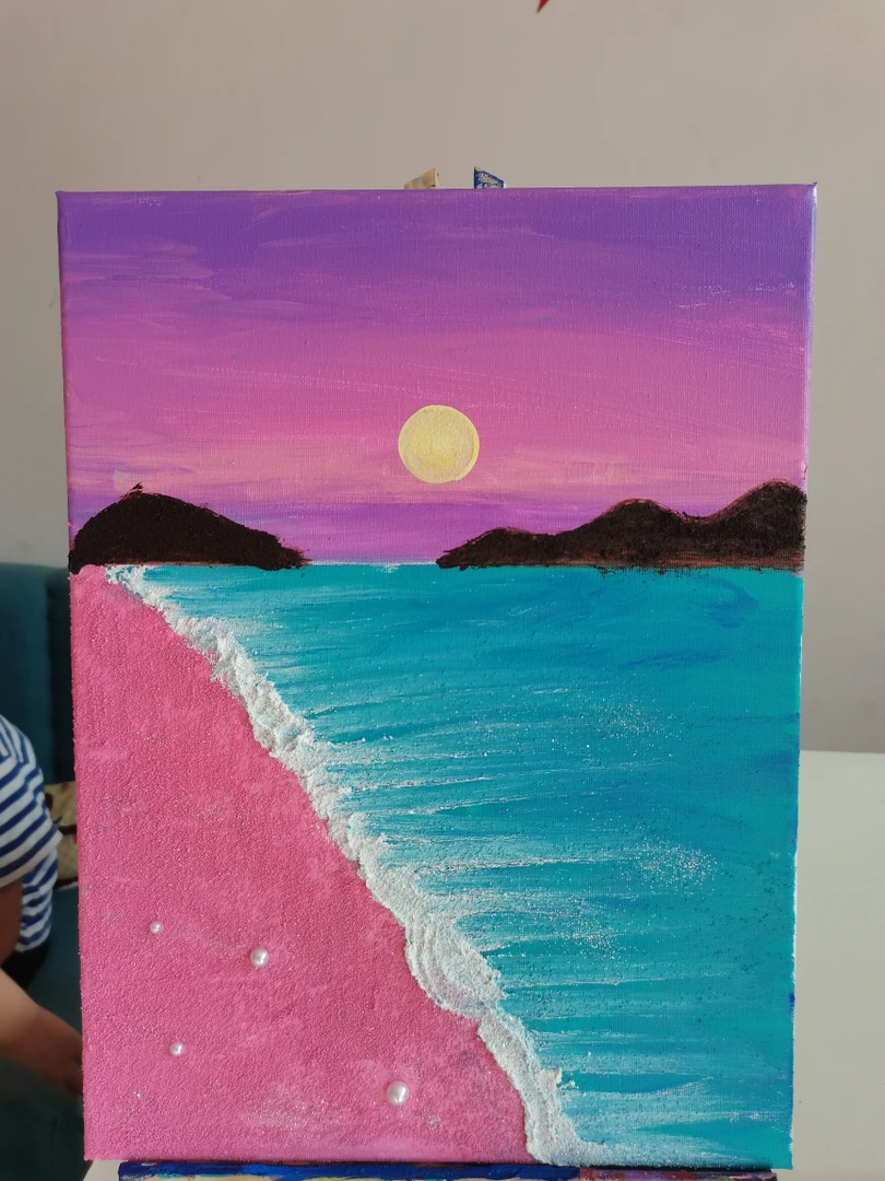 《海滩》丙烯肌理画，石英砂装饰画