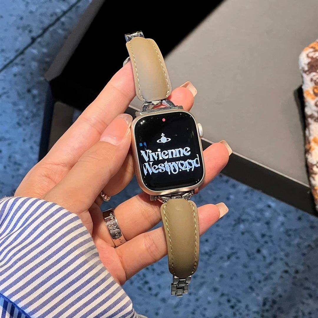 秋冬气质真皮手镯表带适用于iwatch9苹果手表applewatch78se6轻奢