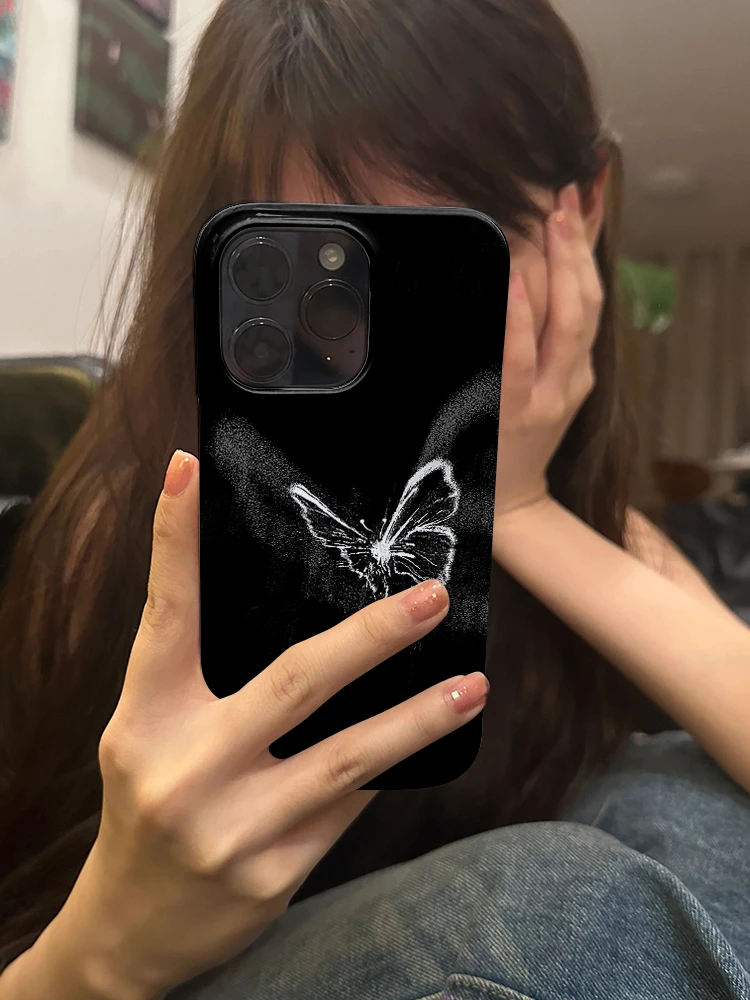 新款黑色蝶影苹果15promax小众手机壳iPhone14复古菲林13高级感12