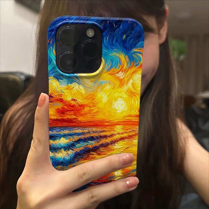油画海边晚霞苹果15promax小众手机壳iPhone14高级菲林13治愈系12