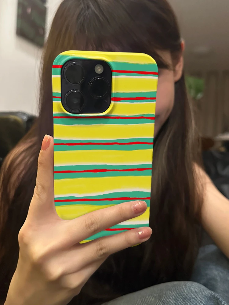 新款条纹夹饼苹果15promax小众手机壳iPhone14高级菲林13治愈系12