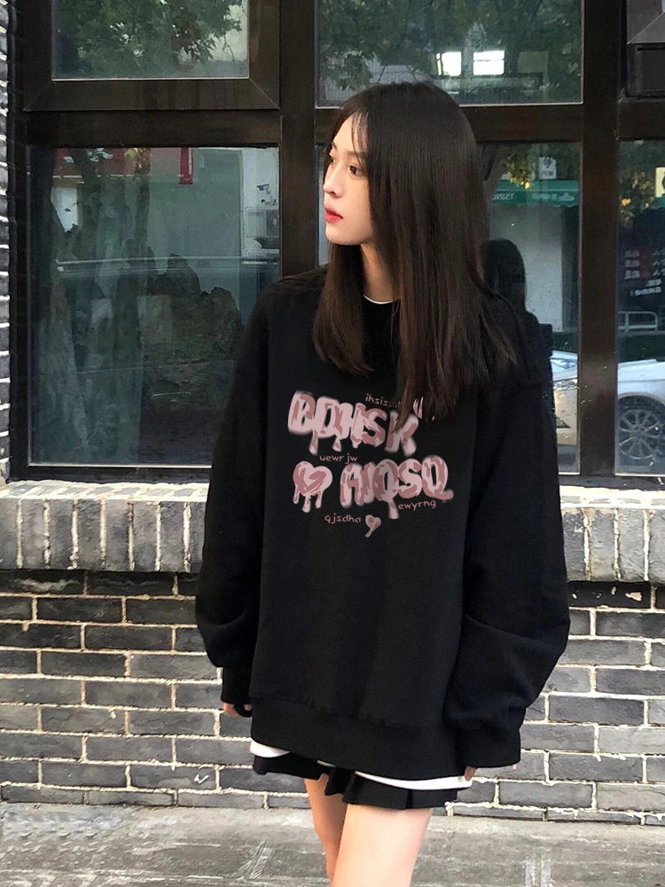 黑色加绒圆领美式复古卫衣女oversize春秋款2023新款慵懒风上衣潮