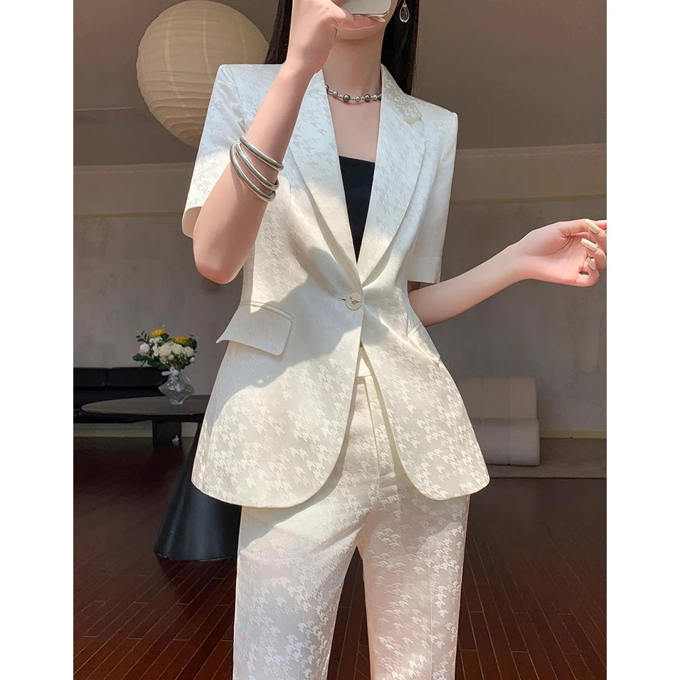 高级感夏季白色提花高端职业正装通勤休闲工作服西装套装女一整套