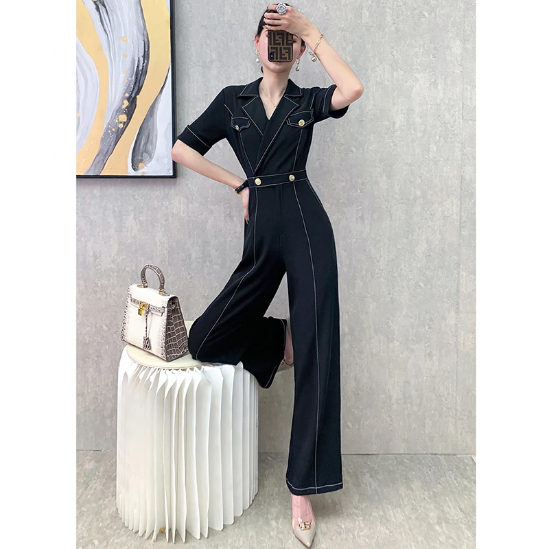 高级感2025夏季黑色气质时尚显瘦高腰阔腿裤西装领连衣裤套装女