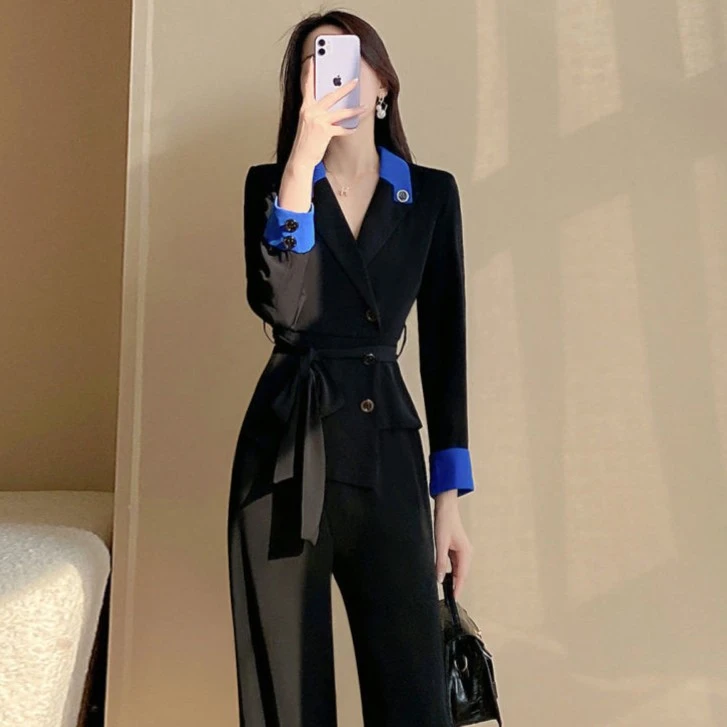 气质通勤设计感西装连体裤2025春季新款高腰开叉阔腿连衣裤一整套