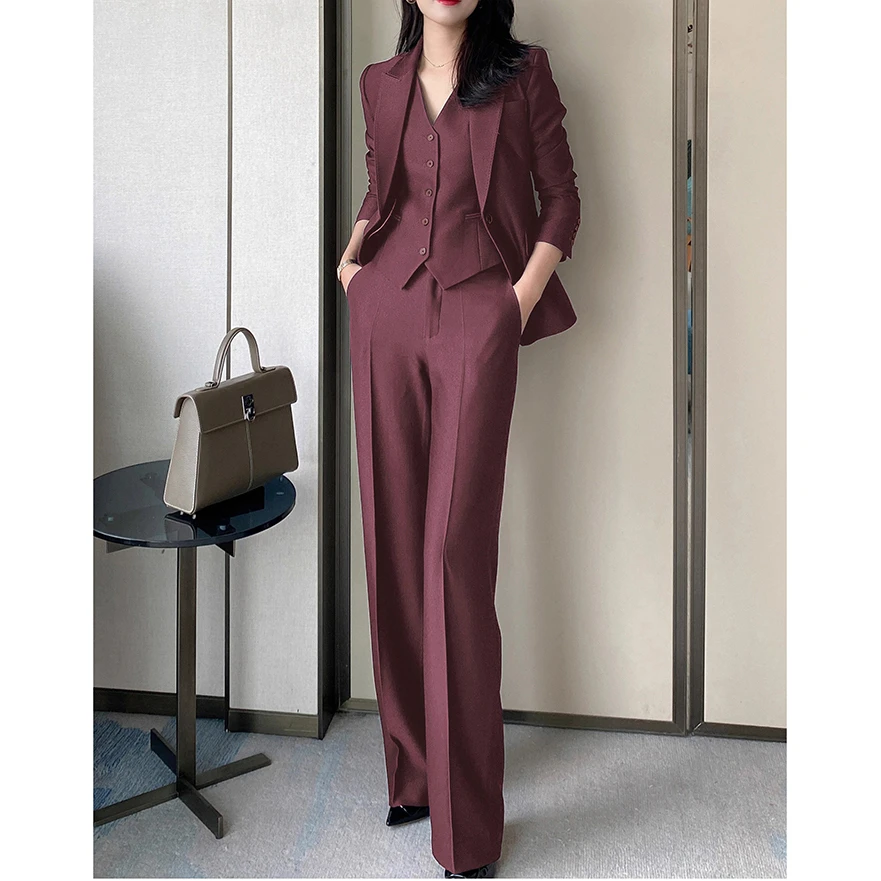 高级感安可拉红2024秋冬新款气质西装简约干练气质马甲长裤套装女