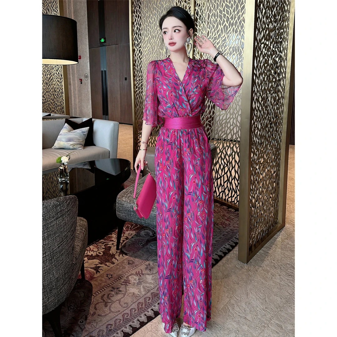 夏季轻奢气质减龄印花碎花雪纺显瘦套装高腰垂感直筒阔腿裤两件套