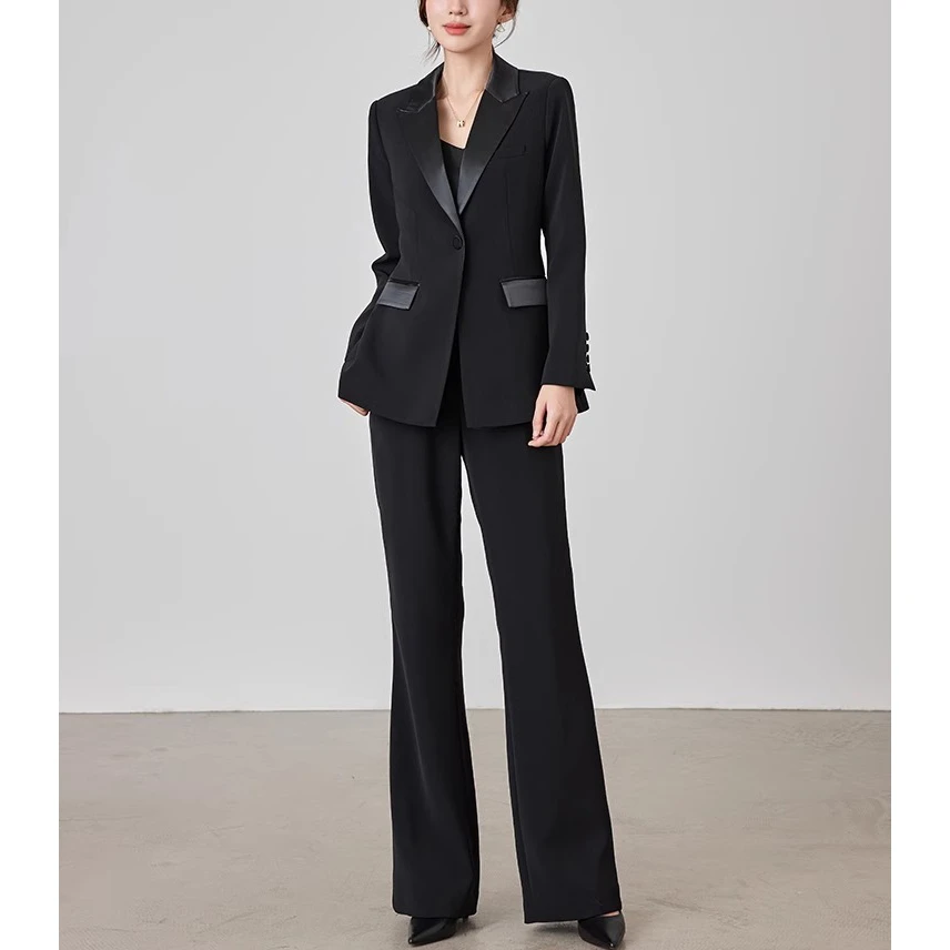 春秋冬新款黑色高级感时尚显瘦西服外套气质修身喇叭裤西装套装女
