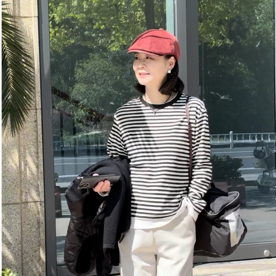 华人杰2024款装长袖t恤宽松时尚休闲女质感百搭黑白内搭上衣