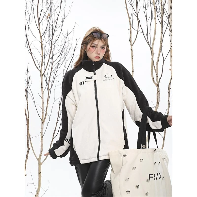 清仓 现货美式魔术贴拉链羊羔绒宽松黑白撞色厚实卫衣新款