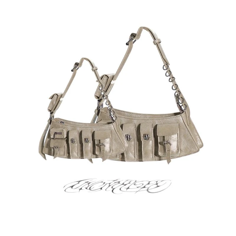 UNCMHISEX 原创设计小众辣妹复古朋克皮革链条多口袋大/小腋下包