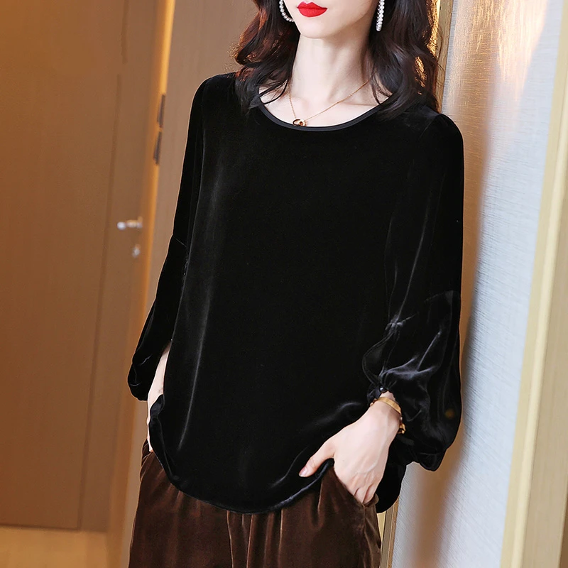 秋季宽松大码显瘦春秋丝绒上衣女士圆领遮肚灯笼袖衬衫黑色套头衫