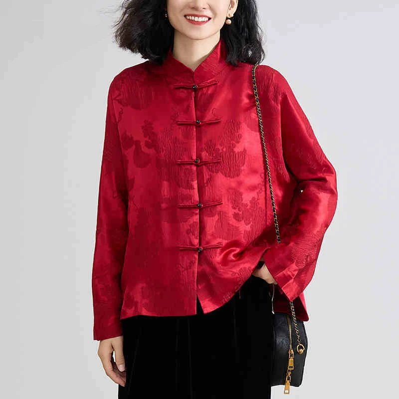 春秋复古新中式冠乐绉真丝唐装短外套女中国风春季喜庆桑蚕丝上衣