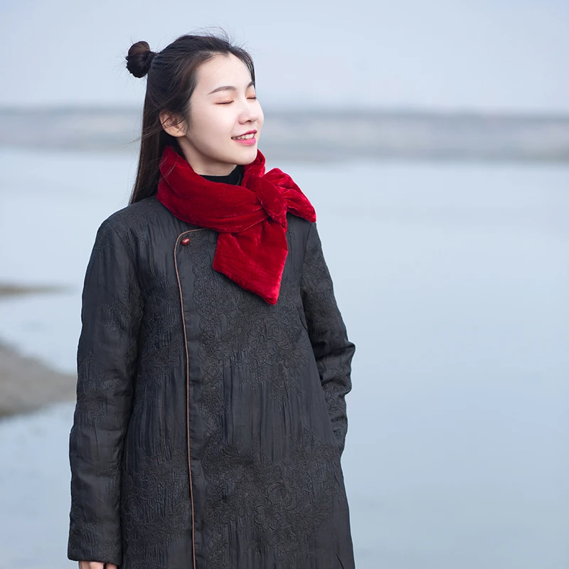 双面真丝丝绒红色围脖秋冬中式新款时尚百搭保暖纯色女士丝绒围巾