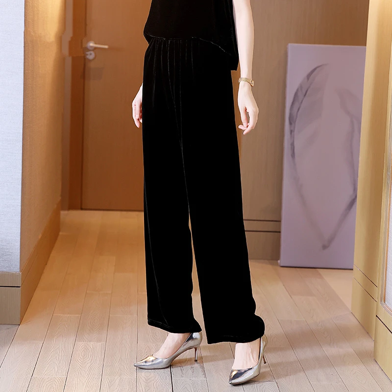 春秋黑色桑蚕丝裤子女士宽松休闲垂感直筒阔腿裤复古真丝丝绒长裤