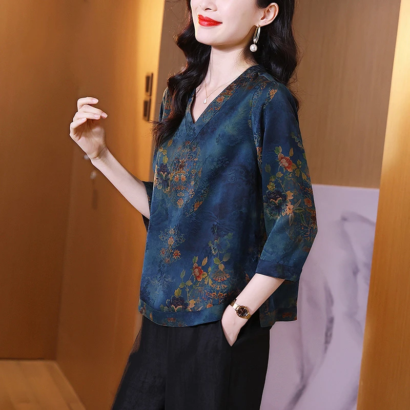 七分袖v领红云纱真丝衬衫女士夏季复古气质孔雀蓝印花桑蚕丝上衣
