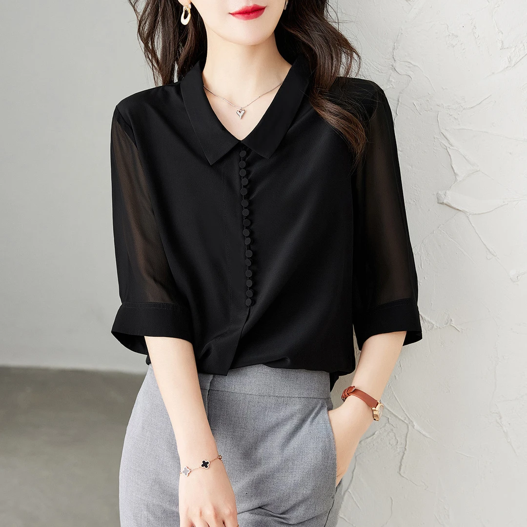 真丝短袖衬衫女夏季黑色半袖衬衫雪纺宽松气质洋气遮肚桑蚕丝上衣