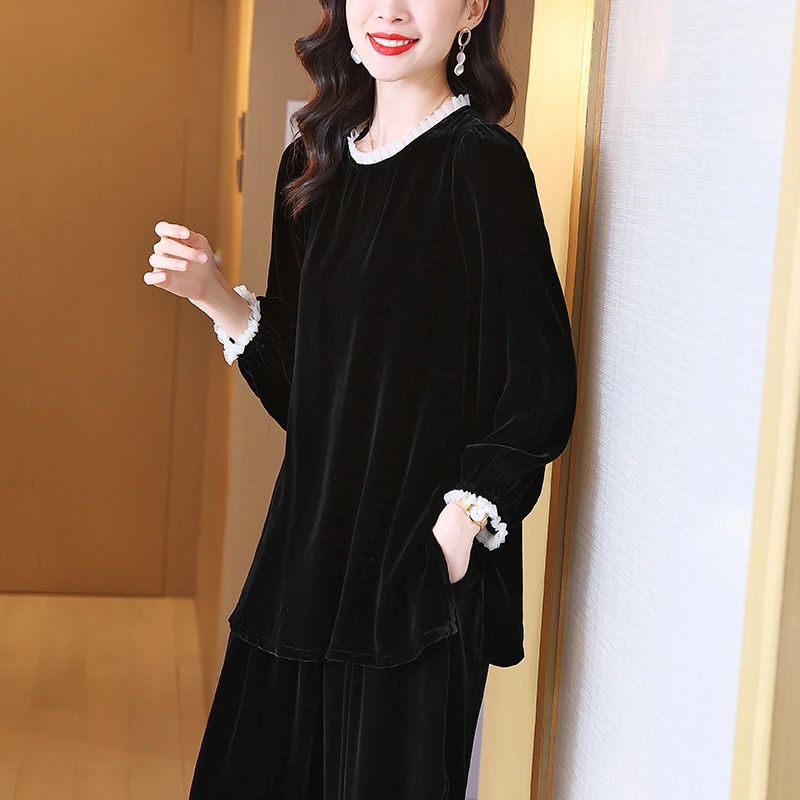 黑色真丝丝绒上衣女士木耳边灯笼长袖宽松遮肚显瘦大码桑蚕丝衬衫