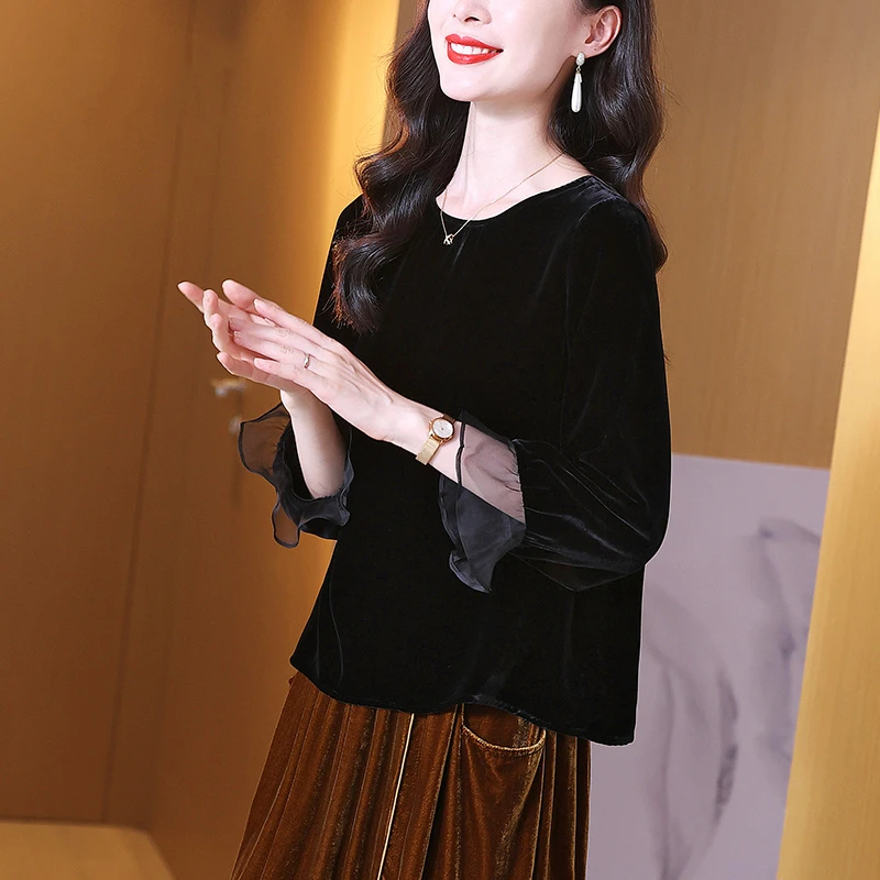 甜美气质真丝丝绒上衣女春秋款纯色时尚七分袖圆领黑色桑蚕丝衬衫