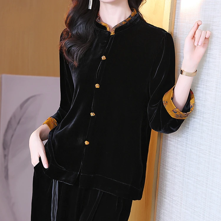 立领真丝丝绒衬衫女秋季显瘦宽松国风香云纱拼接复古桑蚕丝上衣