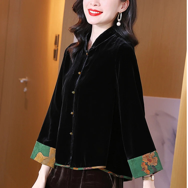 春秋气质香云纱拼接大袖子真丝丝绒上衣女立领宽松洋气开衫外套