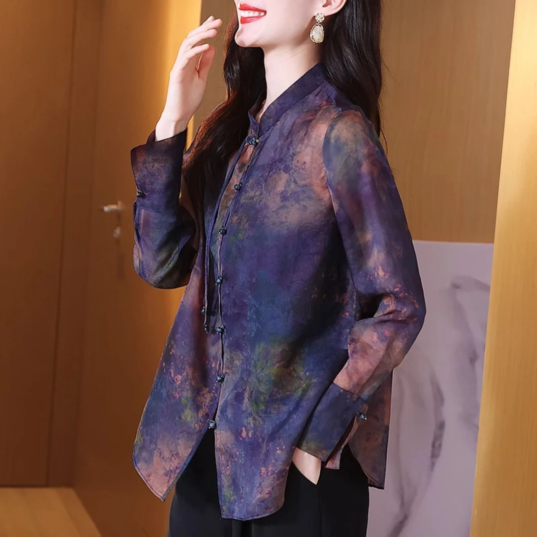 春季印花欧根纱真丝衬衫中国风桑蚕丝中老年妈妈装新中式复古衬衣