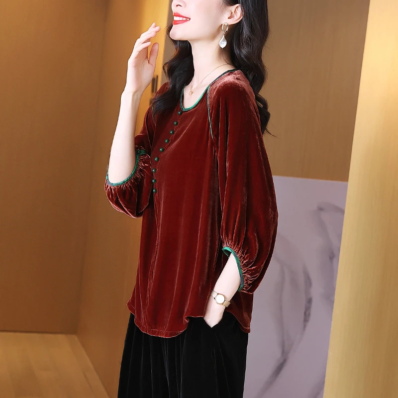 秋季气质显瘦丝绒上衣女士宽松撞色圆领七分灯笼袖正宗桑蚕丝小衫