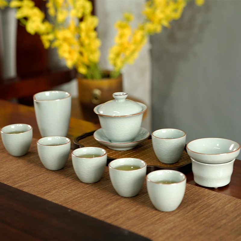汝窑茶具套装功夫整套开片陶瓷家用办公室会客泡茶壶盖碗礼盒装