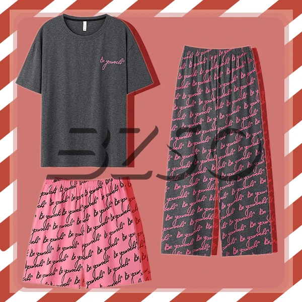 BZSO【粉引点墨】3件套新疆棉丨170克/刺绣短袖长裤睡衣宽松夏装