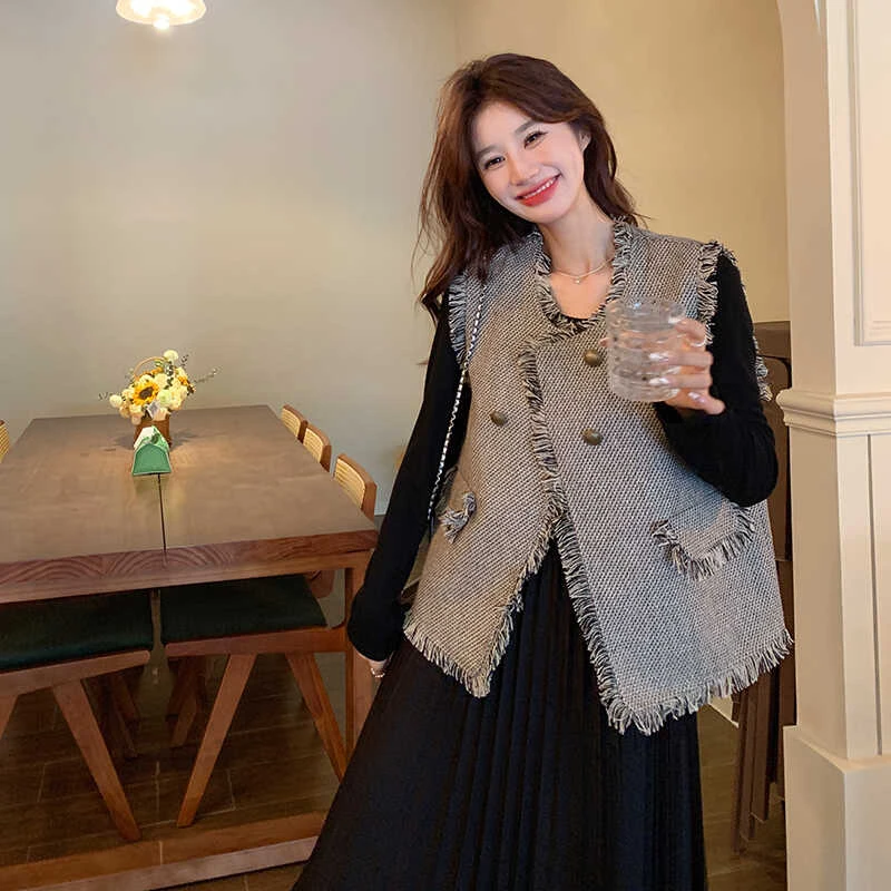 小香风套装裙女春秋2024新款优雅气质高级感马甲百褶裙一整套穿搭