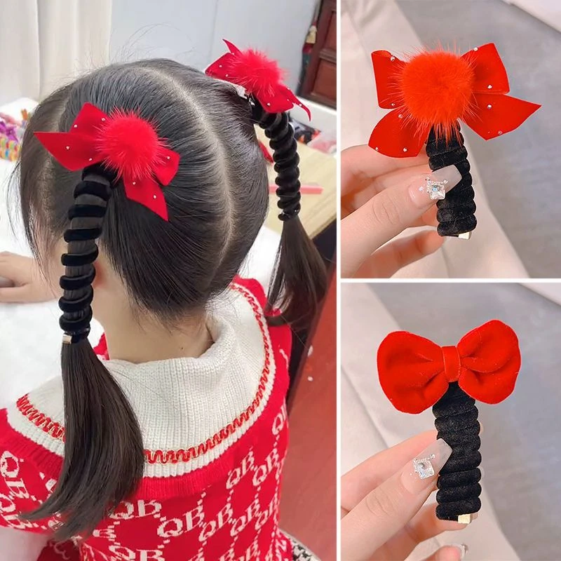 【梦蜜】女童2024新年大红创意植绒电话线发圈发绳卡通马尾泡泡辫编