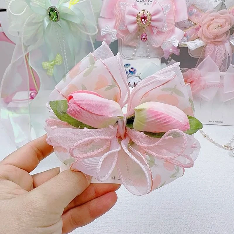 【梦蜜】2024春日郁金香系列发饰粉嫩花朵蝴蝶发夹气质飘带流苏对夹