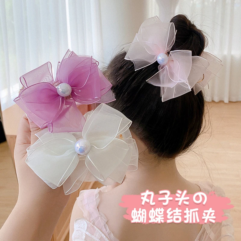 【梦蜜】儿童甜蜜双层雪纱珍珠蝴蝶结抓夹可爱丸子头发夹女童春夏
