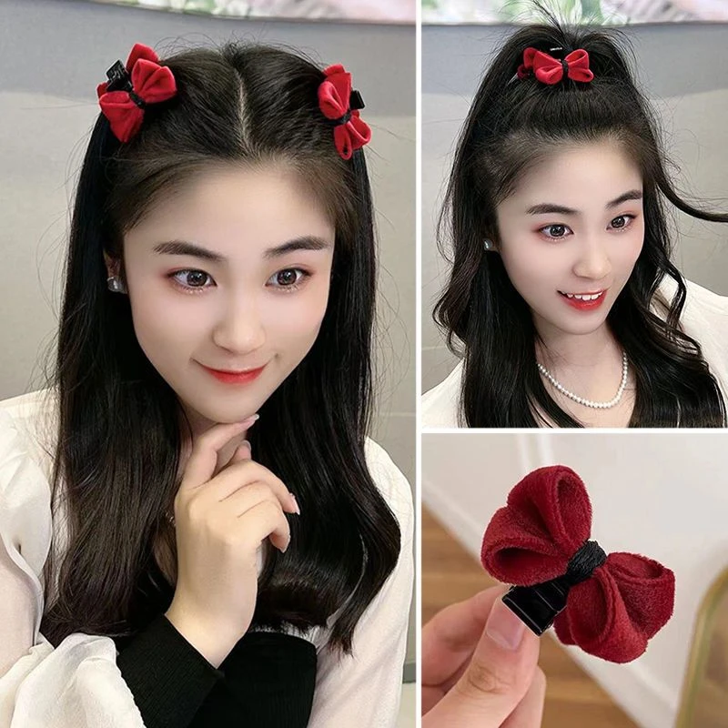 【梦蜜】高级亲子发饰红色丝绒双面蝴蝶结抓夹女童立体甜美侧边夹