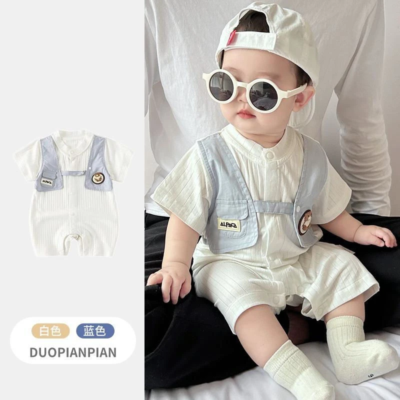 婴儿夏装衣服薄款幼儿满月百天可爱超萌哈衣爬服夏季男宝宝连体衣