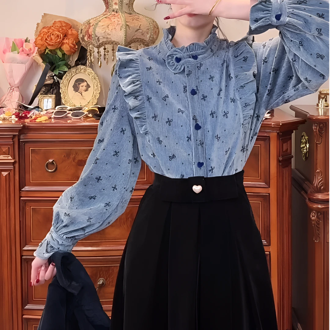 【蓝色优格】法式复古加绒加厚设计感蝴蝶结印花衬衫 5828冬季衬衫
