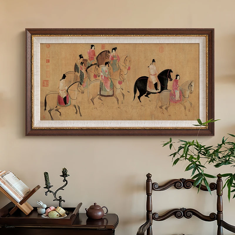 游春图》法式中古风客厅装饰画新中式玄关矮柜壁画卧室书房挂画