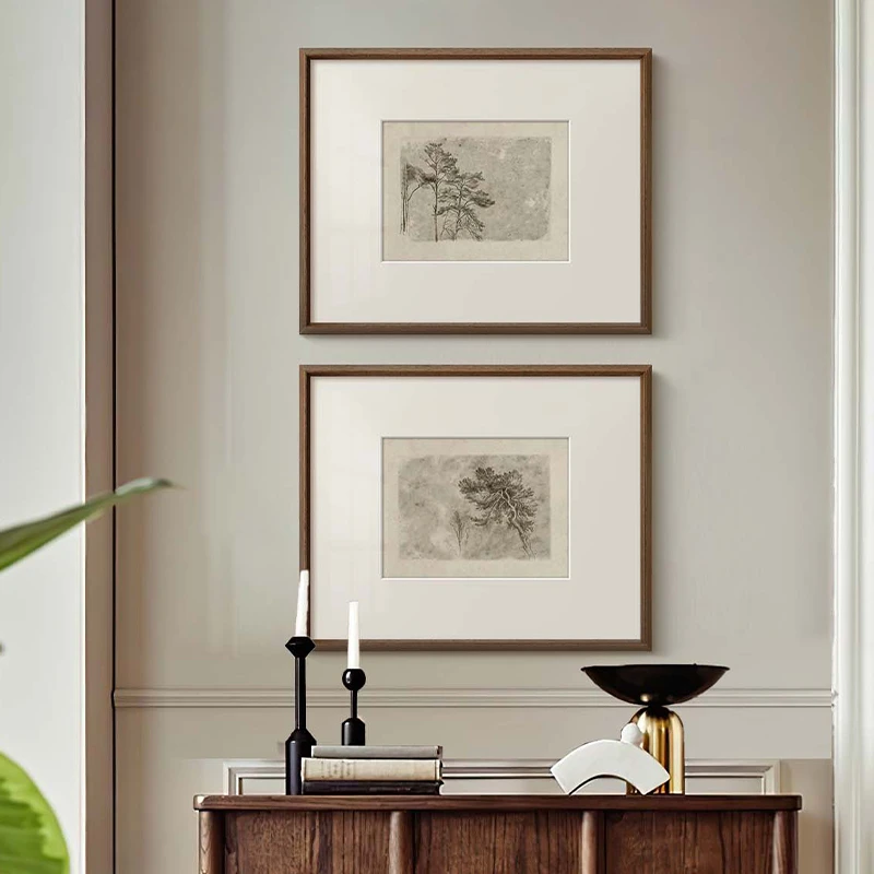 《墨植禅心》法式中古风黑白素描树木装饰画复古餐厅玄关卧室挂画