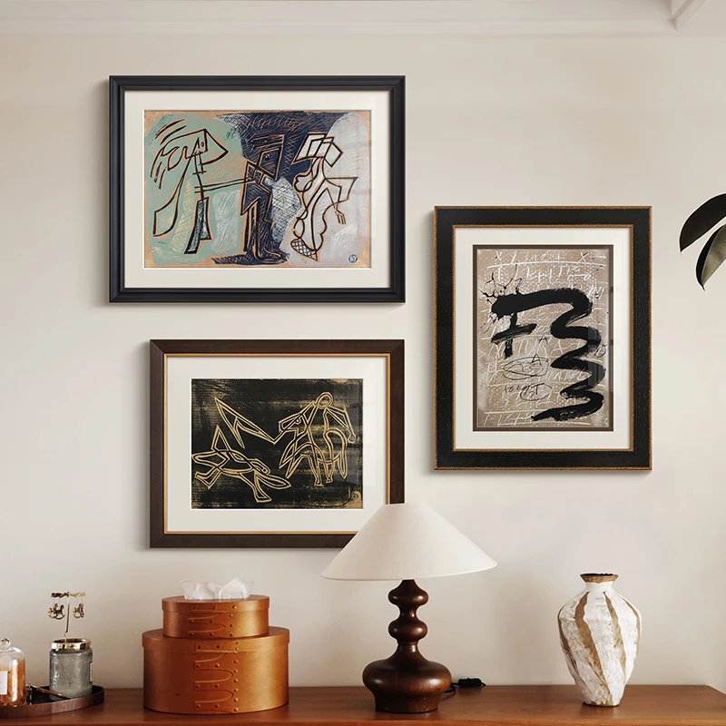 法式中古风客厅背景墙装饰画高级感抽象复古艺术书柜软装挂画组合