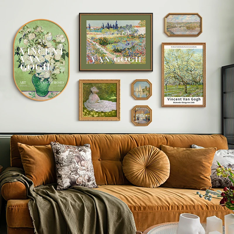 法式复古艺术客厅沙发背景墙装饰画餐厅文艺梵高莫奈风景挂画组合