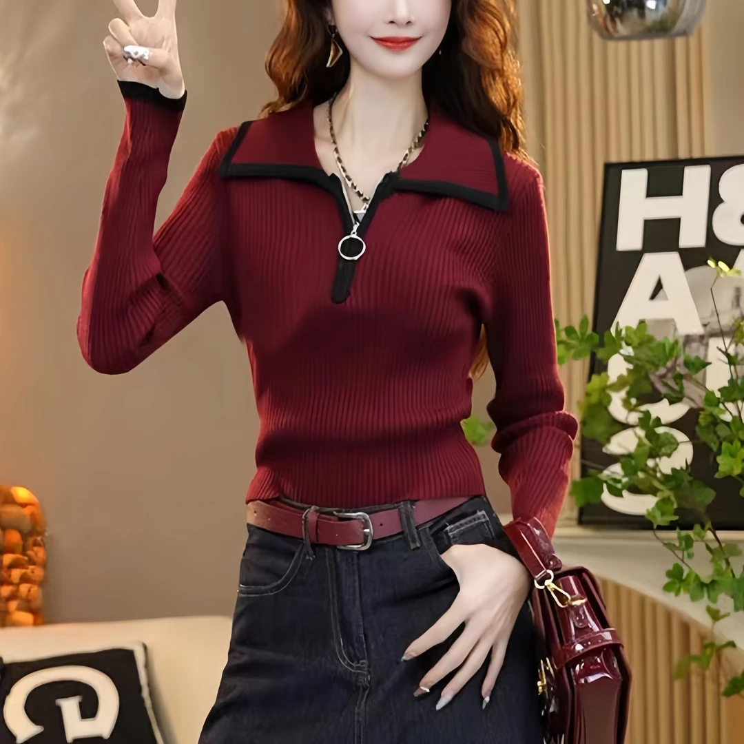 秋冬新款拉链翻领针织打底衫女韩版百搭显瘦长袖拼色毛衣套头上衣