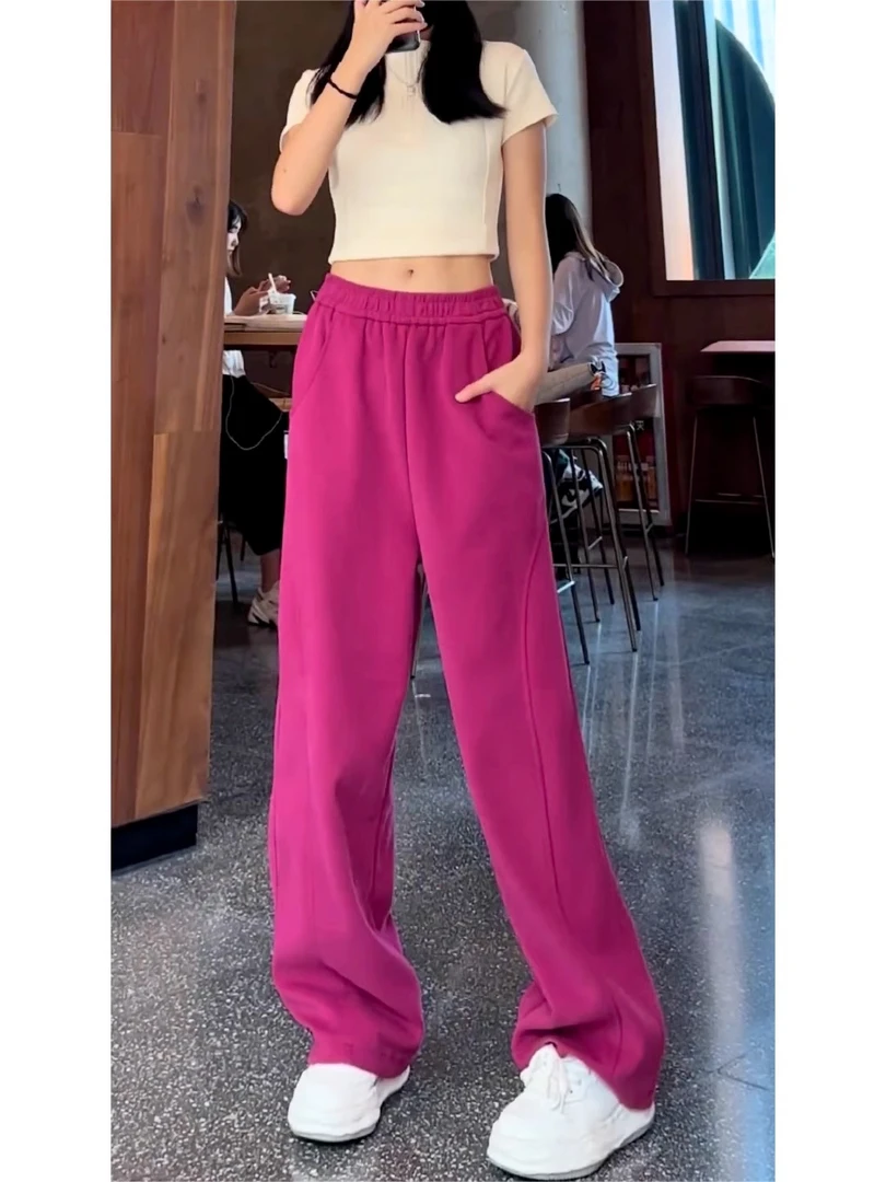 火龙果玫红色小个子直筒阔腿运动香蕉休闲加绒卫裤女秋冬2024新款